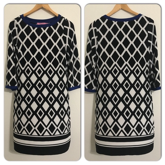 Eliza J Black White Blue 3/4 Sleeve Shift Dress Size 4 - Picture 2 of 6
